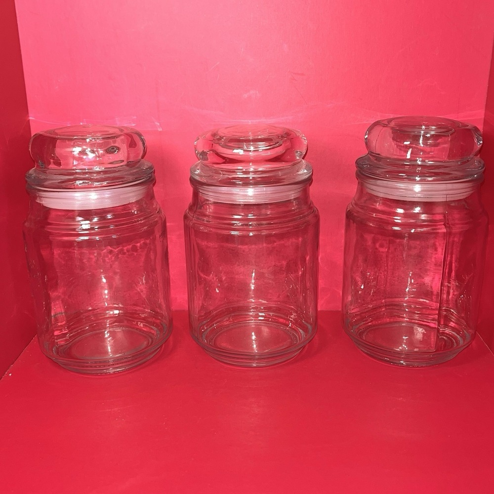 3 Vintage Terrarium Cylindrical Clear Glass Candle Jars Round Dome Knob Top Lids